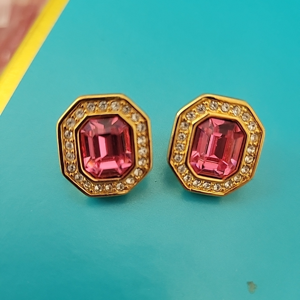 Vintage SWAROVSKI Crystal and Gold Octagonal Earrings Rectangular-Cut Gemstones